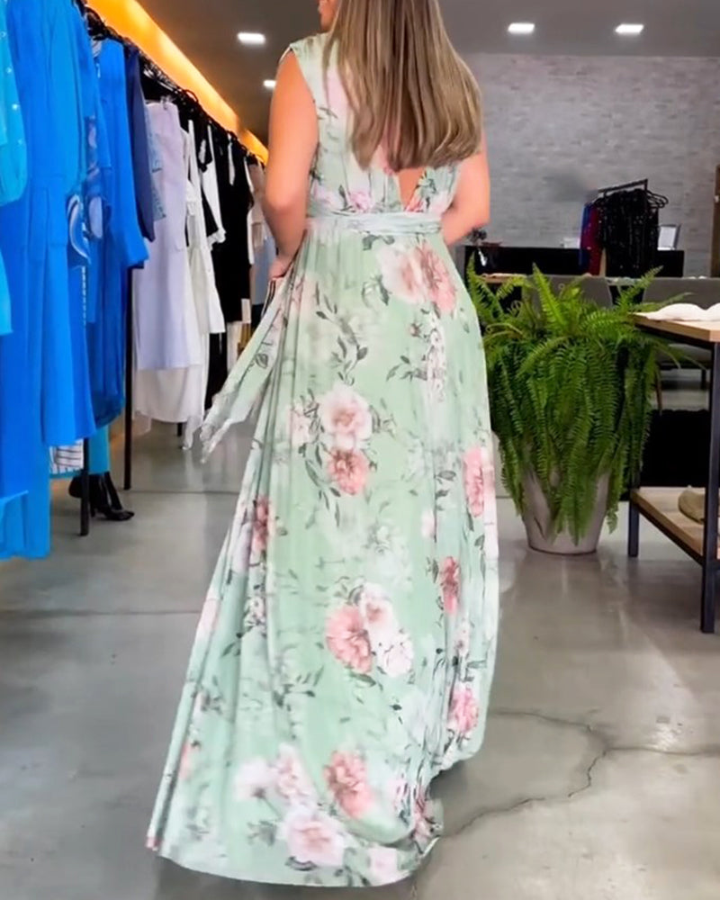 Robe longue sans manches à fleurs Gia avec fente