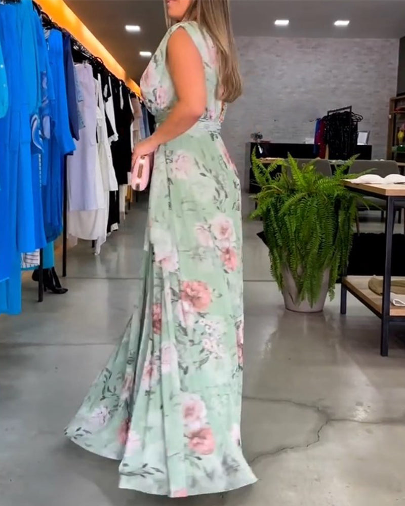 Robe longue sans manches à fleurs Gia avec fente