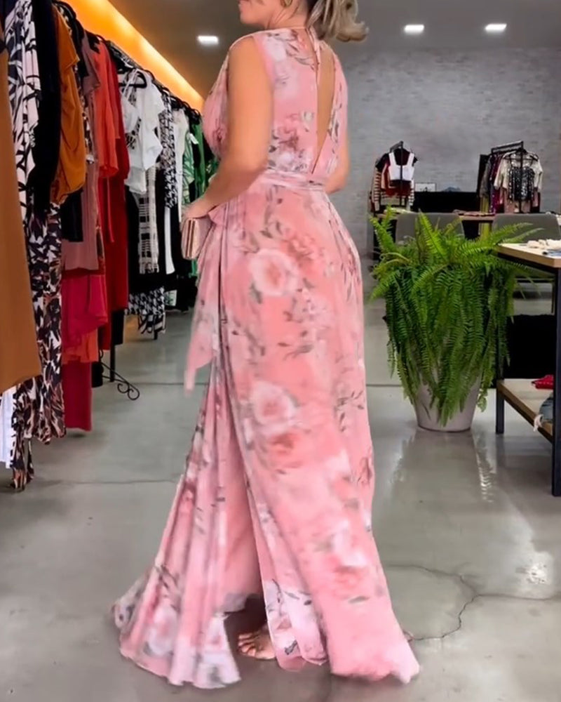 Robe longue sans manches à fleurs Gia avec fente