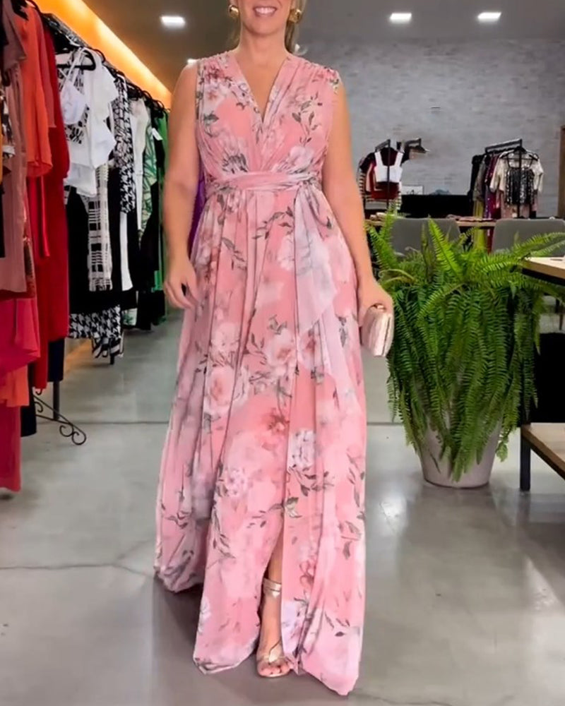 Robe longue sans manches à fleurs Gia avec fente