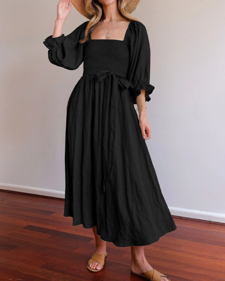 Aviana - Élégante Robe Maxi Réversible à Manches Bouffantes