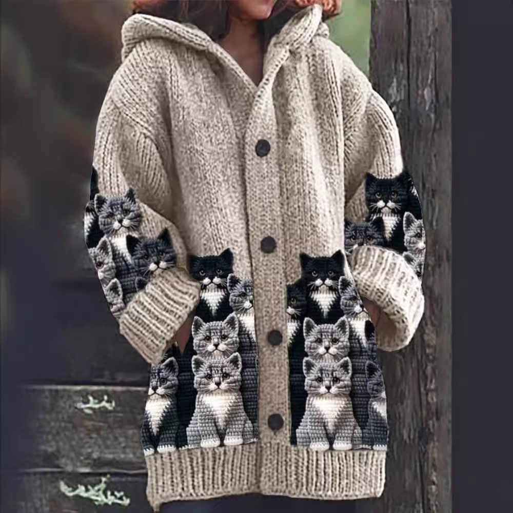 Jasmin - Cardigan en Tricot Douillet avec Motif de Chat