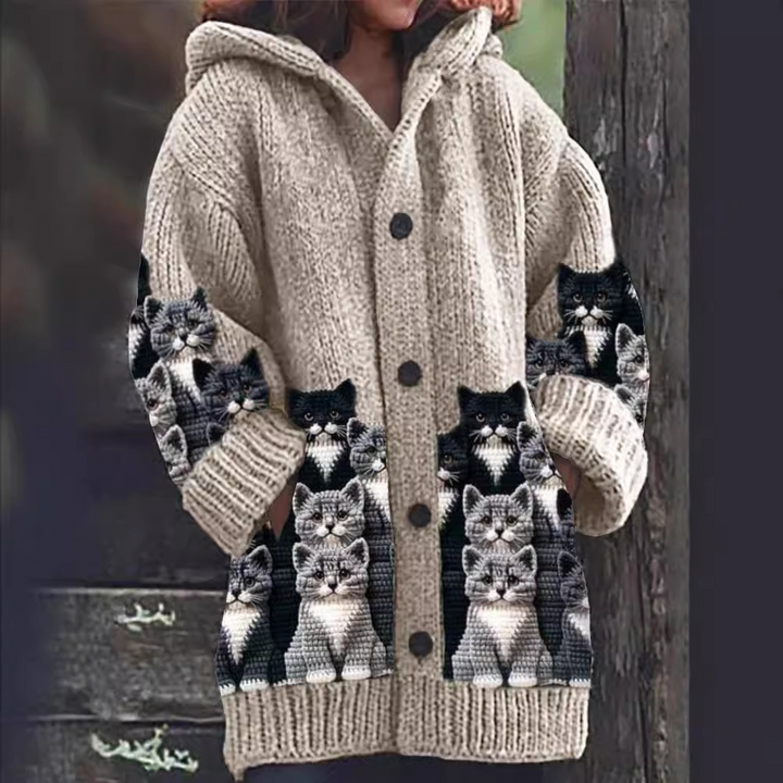 Jasmin - Cardigan en Tricot Douillet avec Motif de Chat