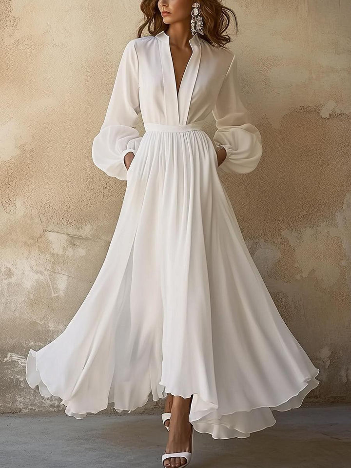 Robe Maxi Blanche Laura à Col V au Style Vintage