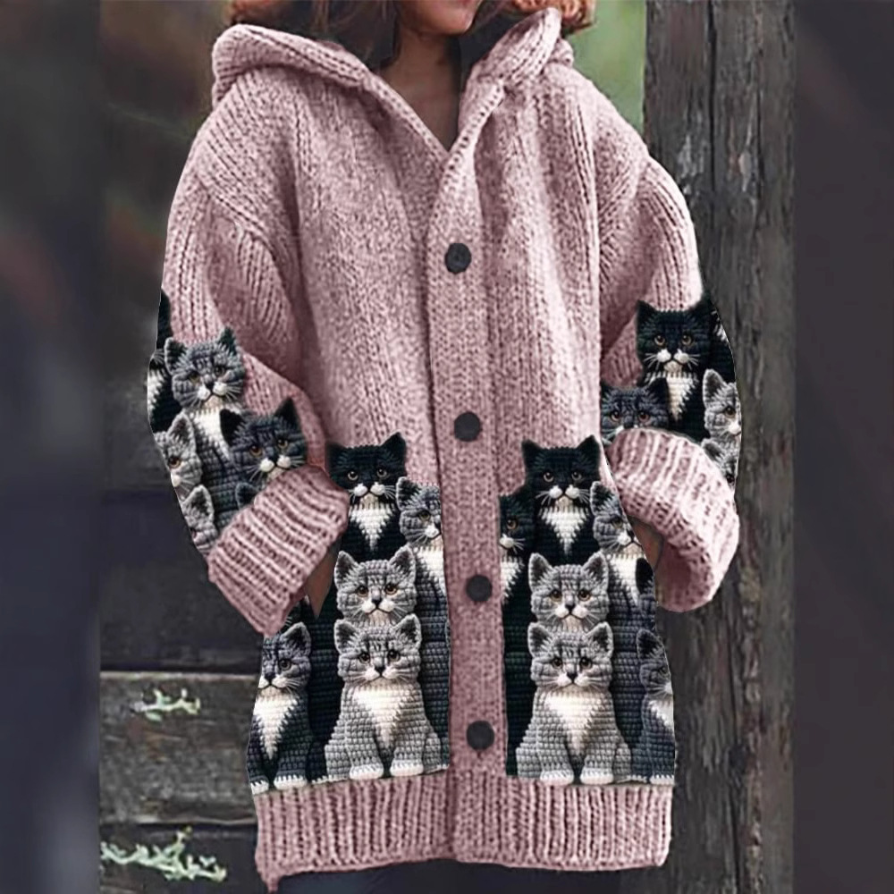 Jasmin - Cardigan en Tricot Douillet avec Motif de Chat