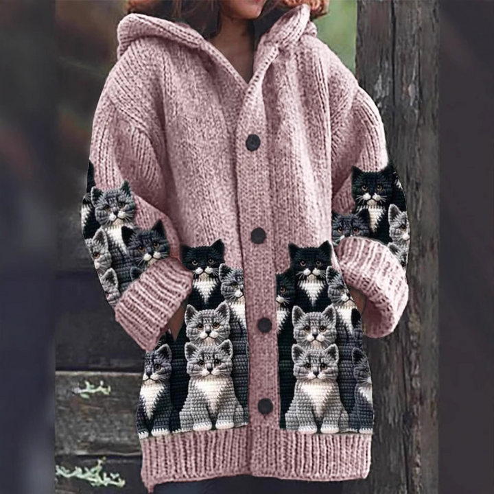 Jasmin - Cardigan en Tricot Douillet avec Motif de Chat