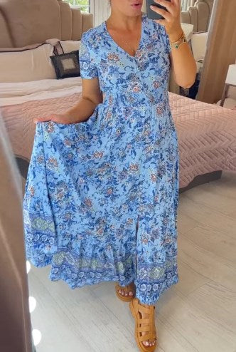 Ellie - Robe Chic à Motif Floral avec Décolleté en V et Ourlet Plissé