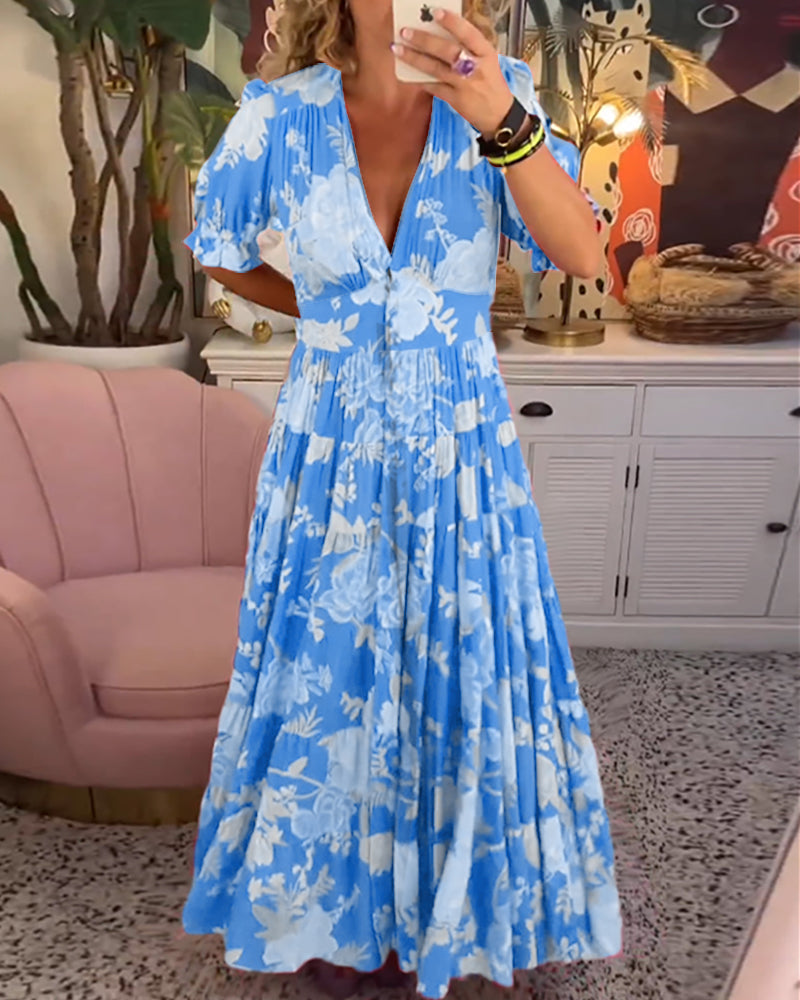 Reagan - Robe Maxi Fleurie à Manches Courtes et Décolleté en V