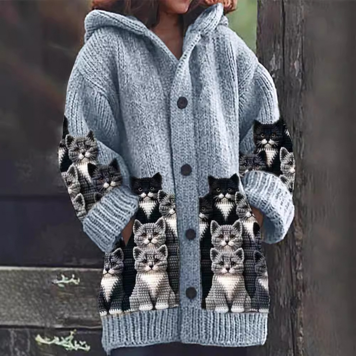 Jasmin - Cardigan en Tricot Douillet avec Motif de Chat