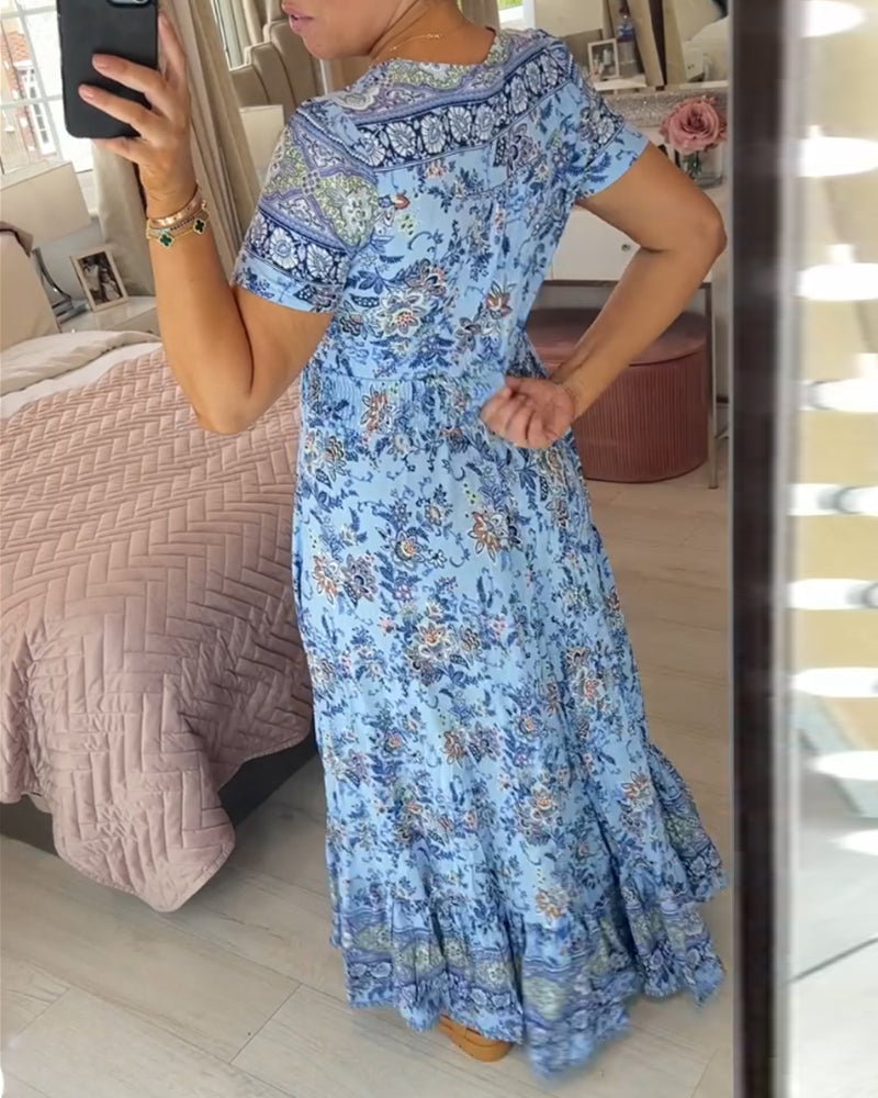 Ellie - Robe Chic à Motif Floral avec Décolleté en V et Ourlet Plissé