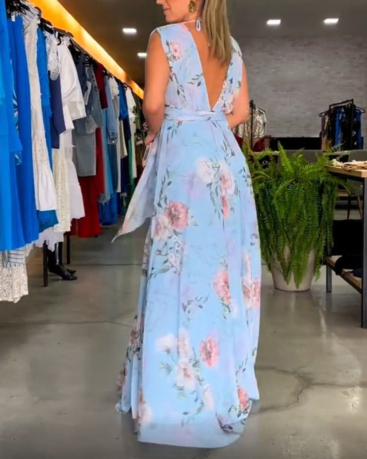 Robe longue sans manches à fleurs Gia avec fente