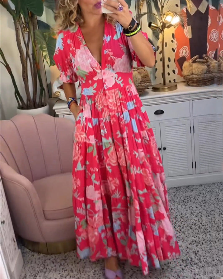 Reagan - Robe Maxi Fleurie à Manches Courtes et Décolleté en V