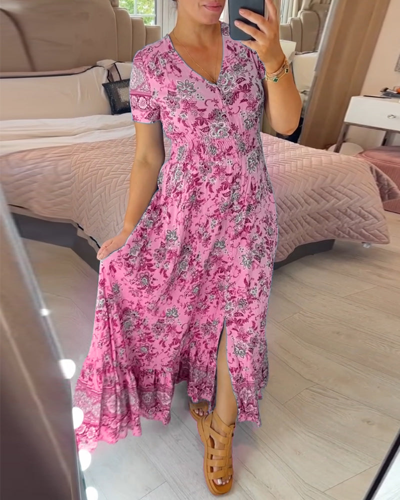 Ellie - Robe Chic à Motif Floral avec Décolleté en V et Ourlet Plissé