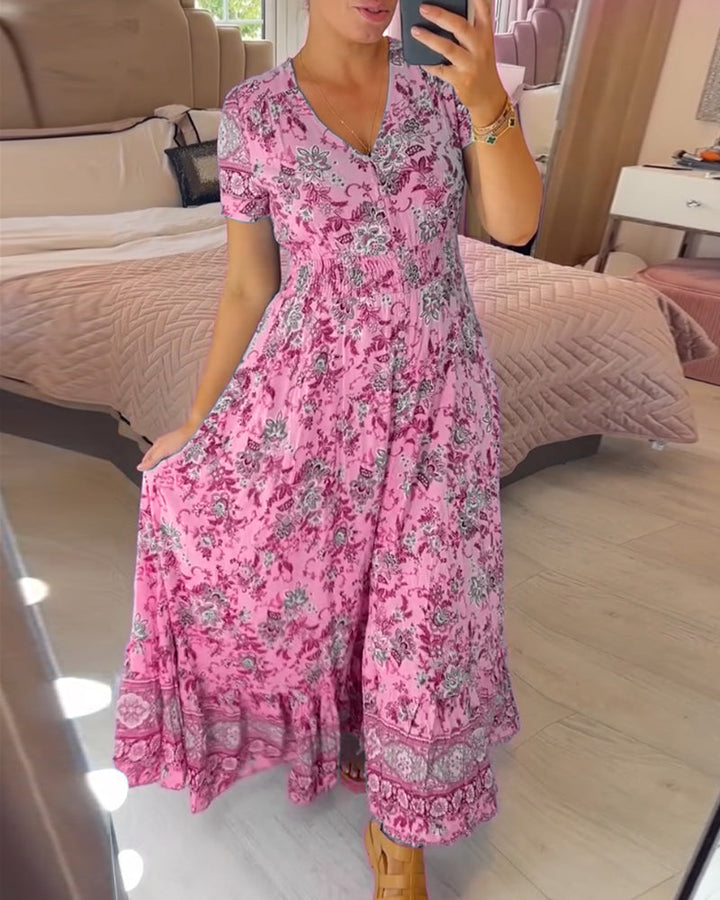 Ellie - Robe Chic à Motif Floral avec Décolleté en V et Ourlet Plissé