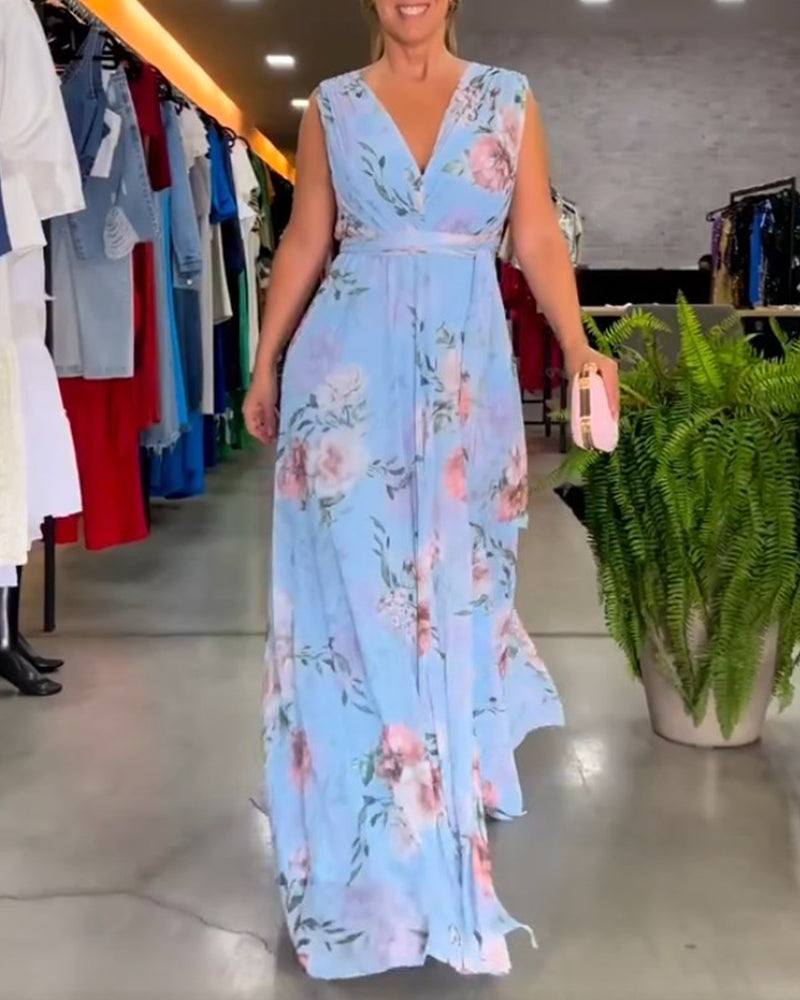 Robe longue sans manches à fleurs Gia avec fente