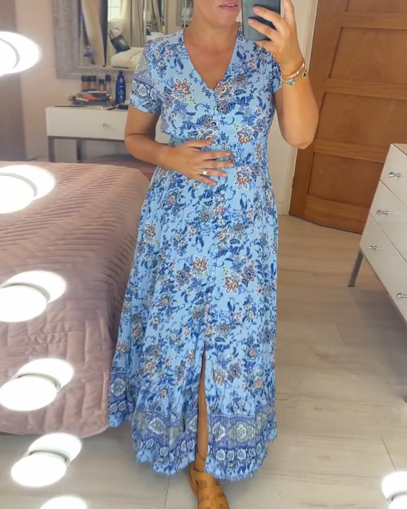 Ellie - Robe Chic à Motif Floral avec Décolleté en V et Ourlet Plissé