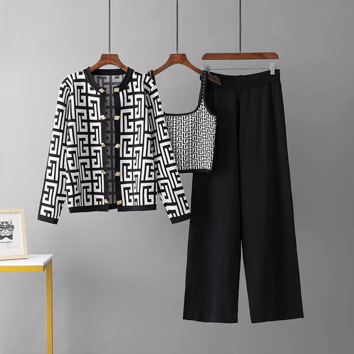 Avery™ - Ensemble trois pièces en tartan rétro avec col en O