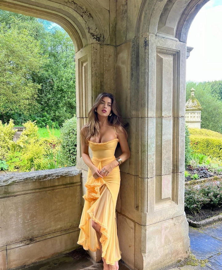 Fauna - Robe de soirée à volants froncés et traîne en queue d'hirondelle