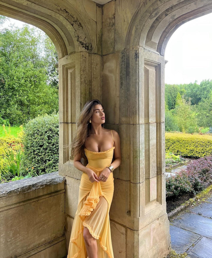 Fauna - Robe de soirée à volants froncés et traîne en queue d'hirondelle