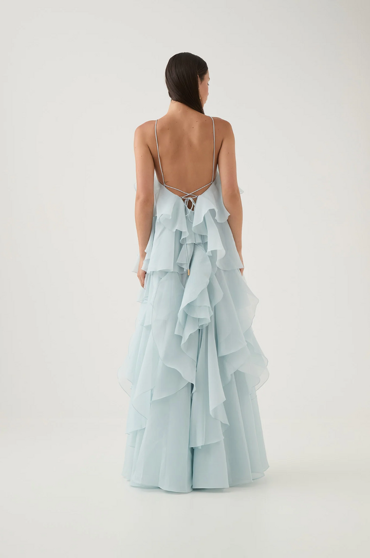 Nephele - Robe de cocktail longue à col halter ornée de volants