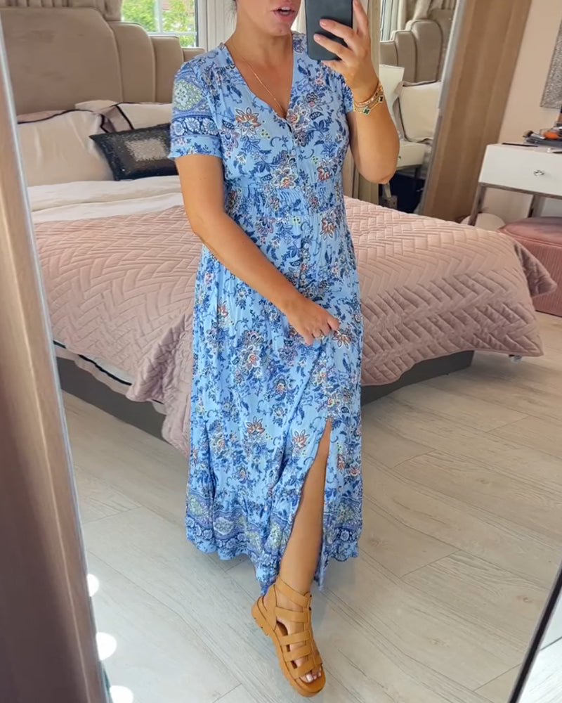 Ellie - Robe Chic à Motif Floral avec Décolleté en V et Ourlet Plissé