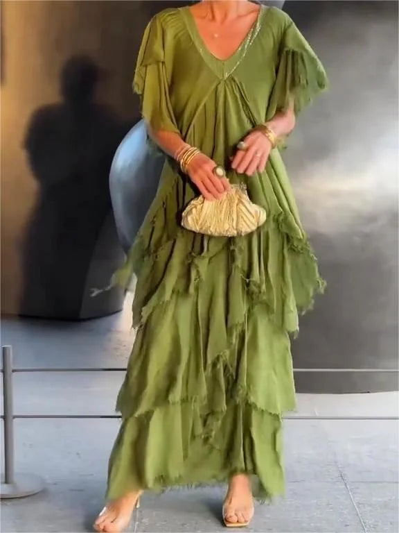 Blaise - Robe Maxi à Manches Courtes avec Volants et Décolleté en V