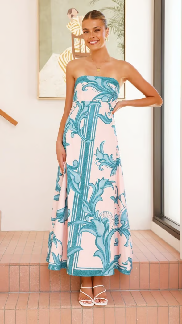 Iris - Long Vintage Printed Tube Dress