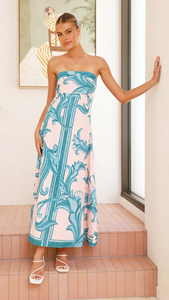 Iris - Long Vintage Printed Tube Dress