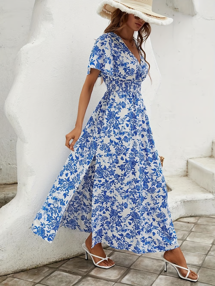 Bea - Robe de Plage Bohémienne Bleue à Décolleté en V