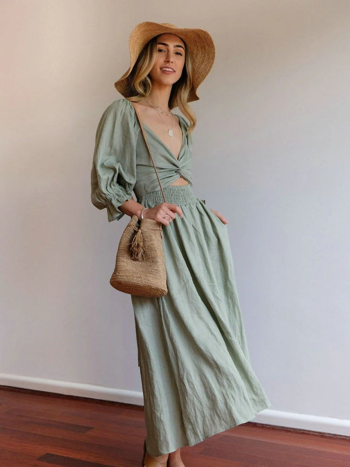 Aviana - Élégante Robe Maxi Réversible à Manches Bouffantes