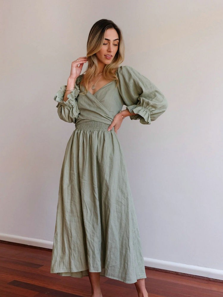 Aviana - Élégante Robe Maxi Réversible à Manches Bouffantes