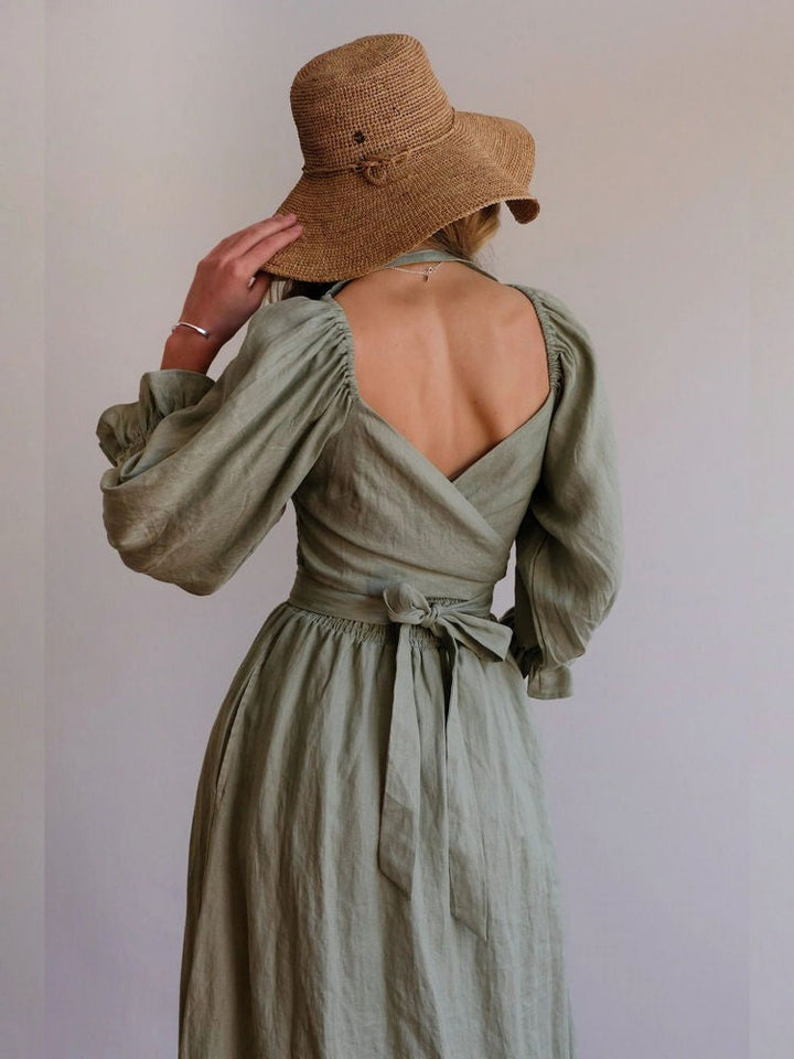 Aviana - Élégante Robe Maxi Réversible à Manches Bouffantes